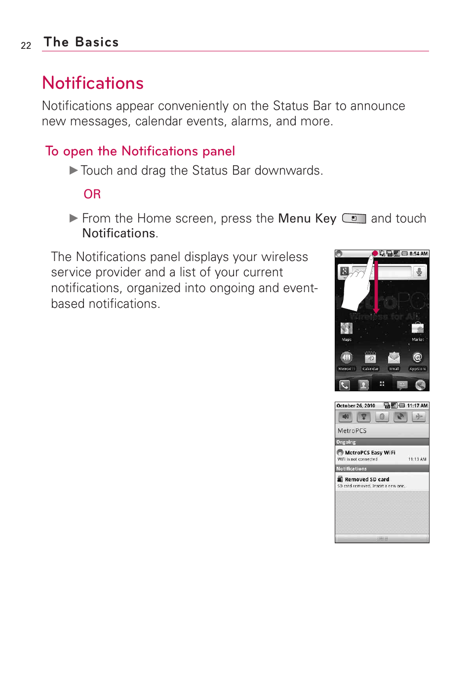 Notifications, The basics | LG Optimus MS690 User Manual | Page 24 / 314