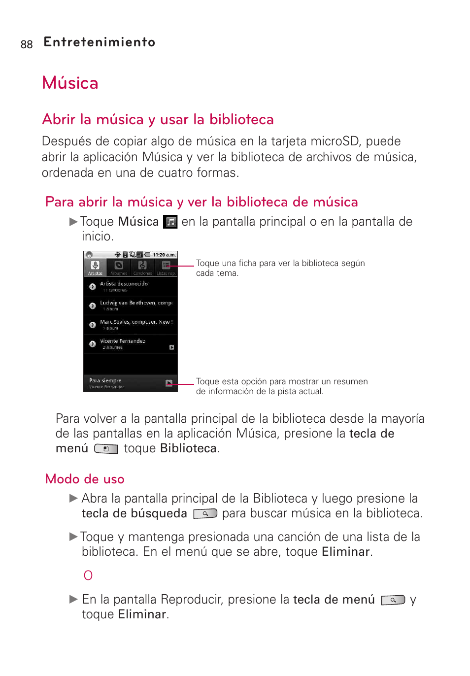 Música, Abrir la música y usar la biblioteca, Para abrir la música y ver la biblioteca de música | Entretenimiento, Modo de uso | LG Optimus MS690 User Manual | Page 240 / 314