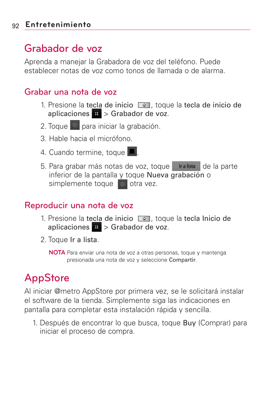 Grabador de voz, Appstore, Grabar una nota de voz | Reproducir una nota de voz | LG Optimus MS690 User Manual | Page 244 / 314