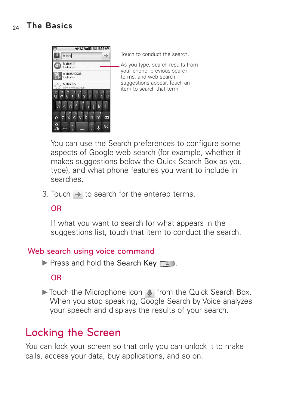 Locking the screen, Web search using voice command, The basics | LG Optimus MS690 User Manual | Page 26 / 314