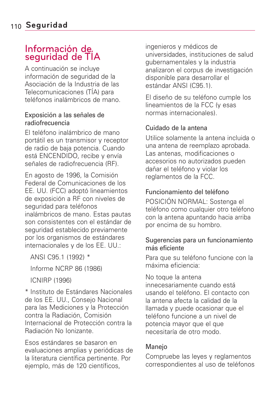 Información de seguridad de tía, Seguridad | LG Optimus MS690 User Manual | Page 262 / 314