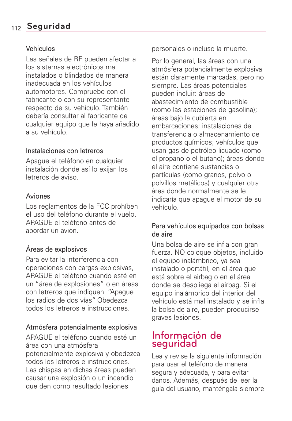 Información de seguridad, Seguridad | LG Optimus MS690 User Manual | Page 264 / 314