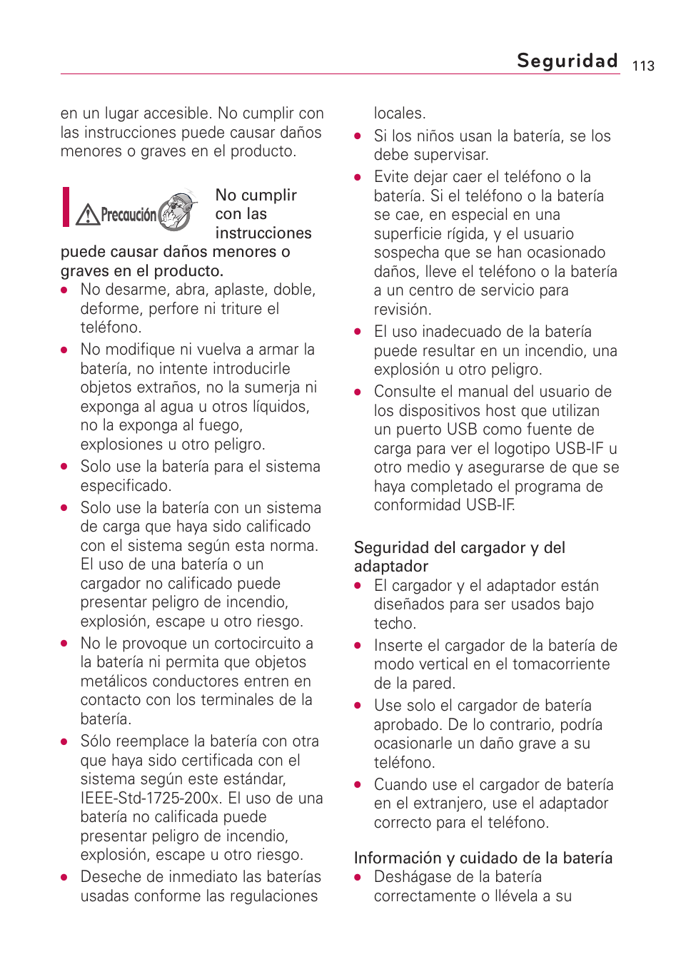 Seguridad, Solo use la batería para el sistema especificado | LG Optimus MS690 User Manual | Page 265 / 314