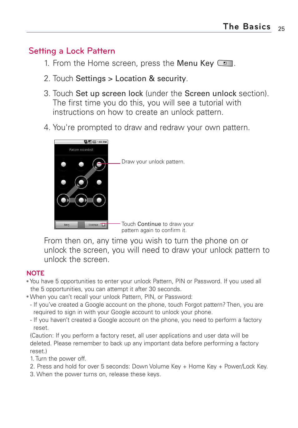 Setting a lock pattern, The basics | LG Optimus MS690 User Manual | Page 27 / 314