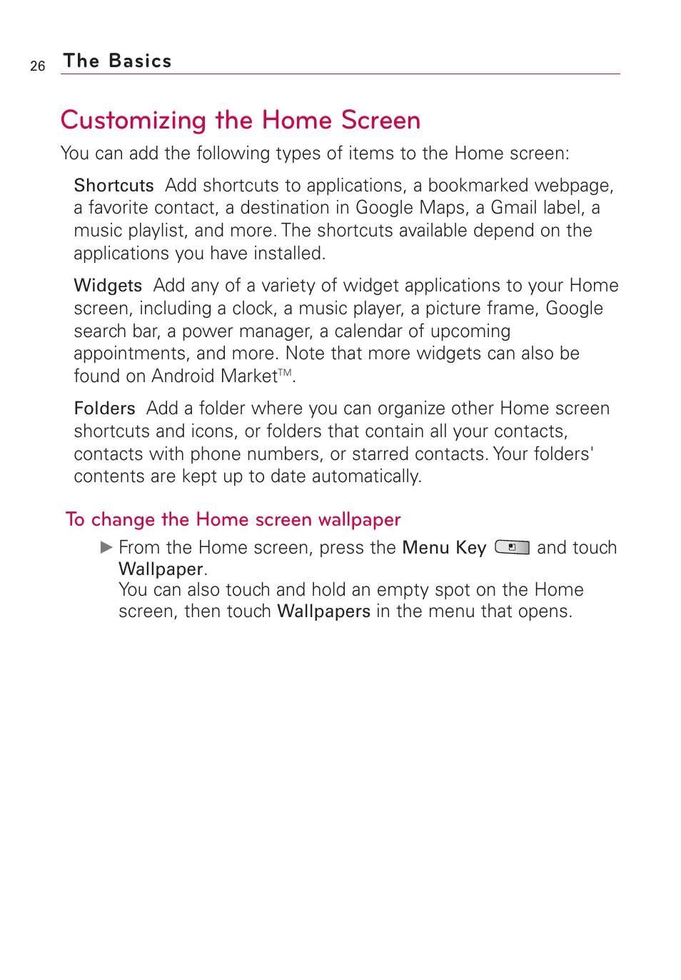 Customizing the home screen, The basics | LG Optimus MS690 User Manual | Page 28 / 314