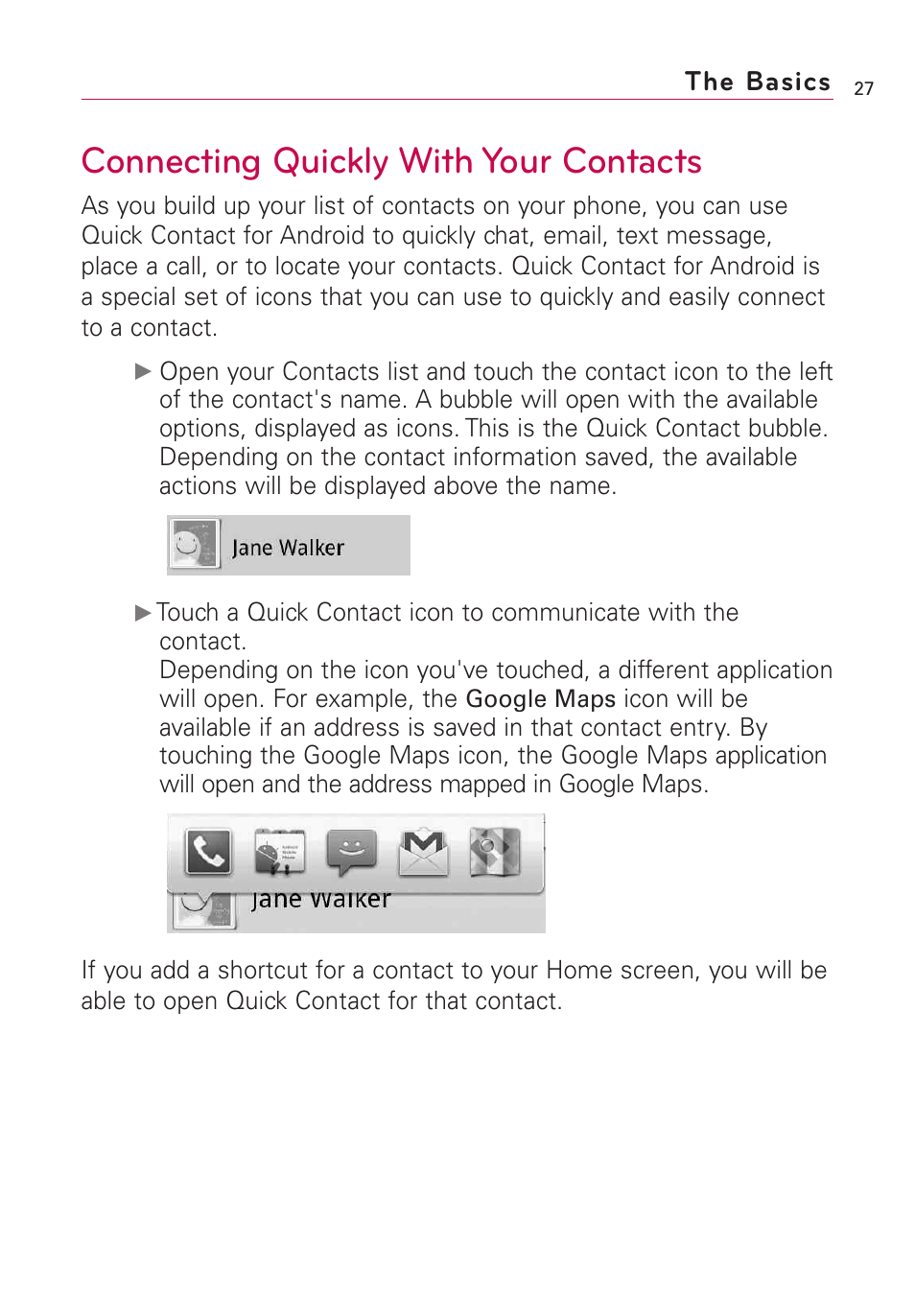 Connecting quickly with your contacts, The basics | LG Optimus MS690 User Manual | Page 29 / 314