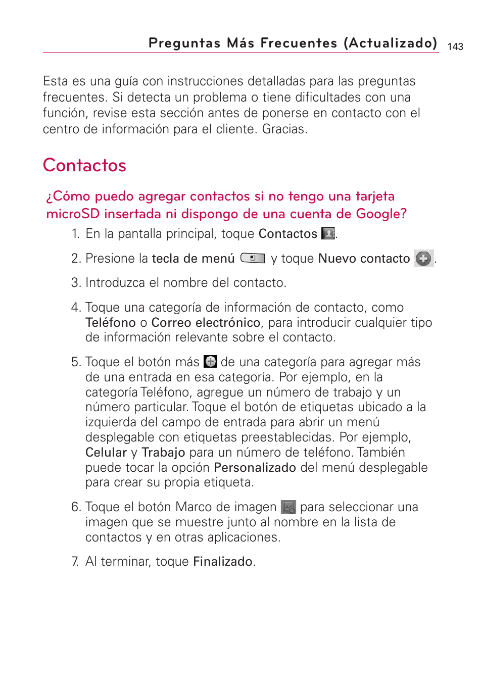 Preguntas m? frecuentes (ac, Preguntas más frecuentes (actualizado), Contactos | LG Optimus MS690 User Manual | Page 295 / 314