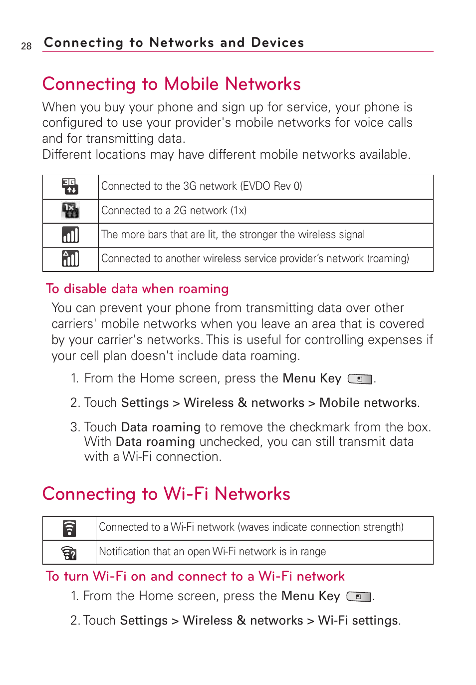 Connecting to networks and d, Connecting to networks and devices, Connecting to mobile networks | Connecting to wi-fi networks | LG Optimus MS690 User Manual | Page 30 / 314