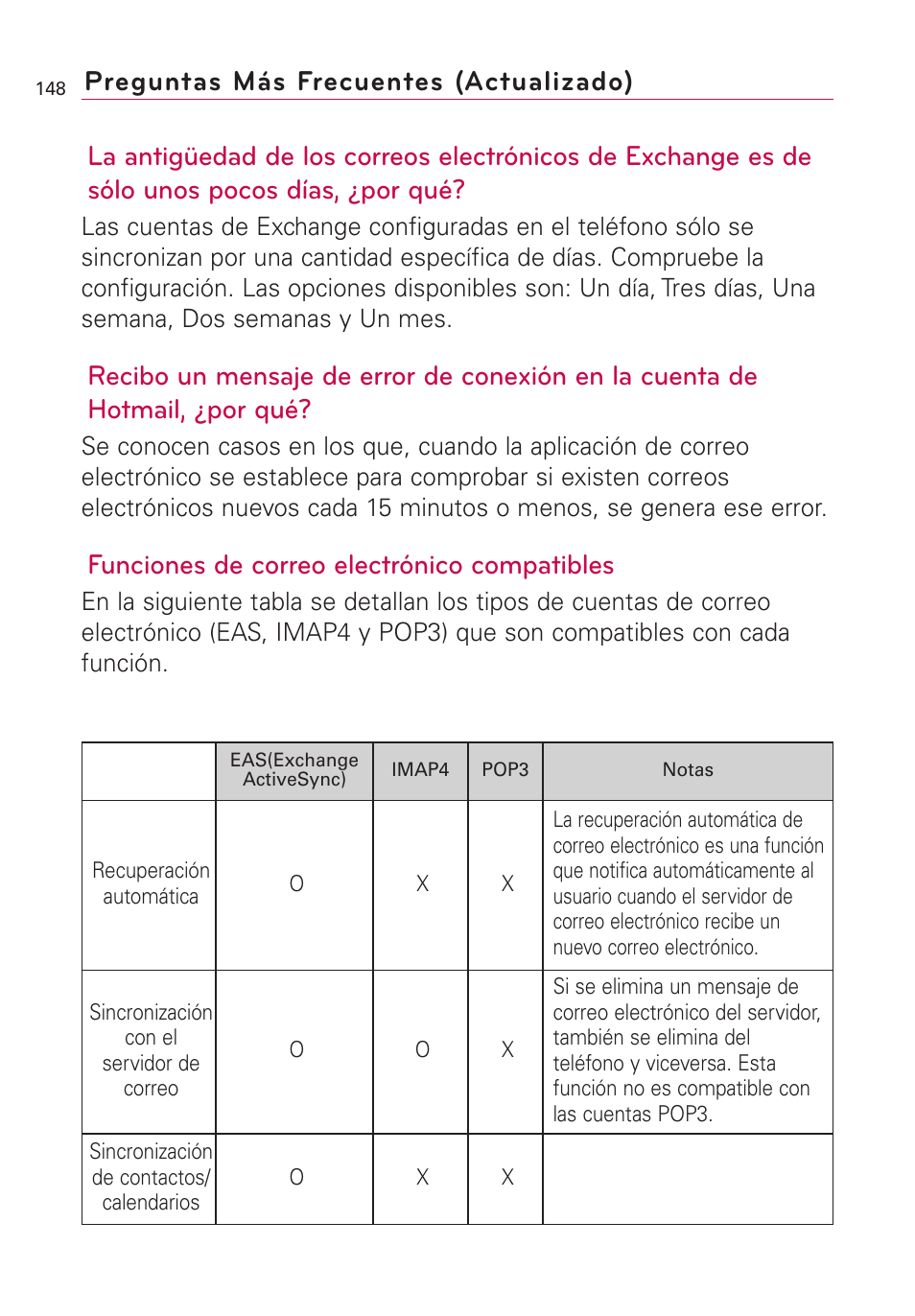 Funciones de correo electrónico compatibles, Preguntas más frecuentes (actualizado) | LG Optimus MS690 User Manual | Page 300 / 314