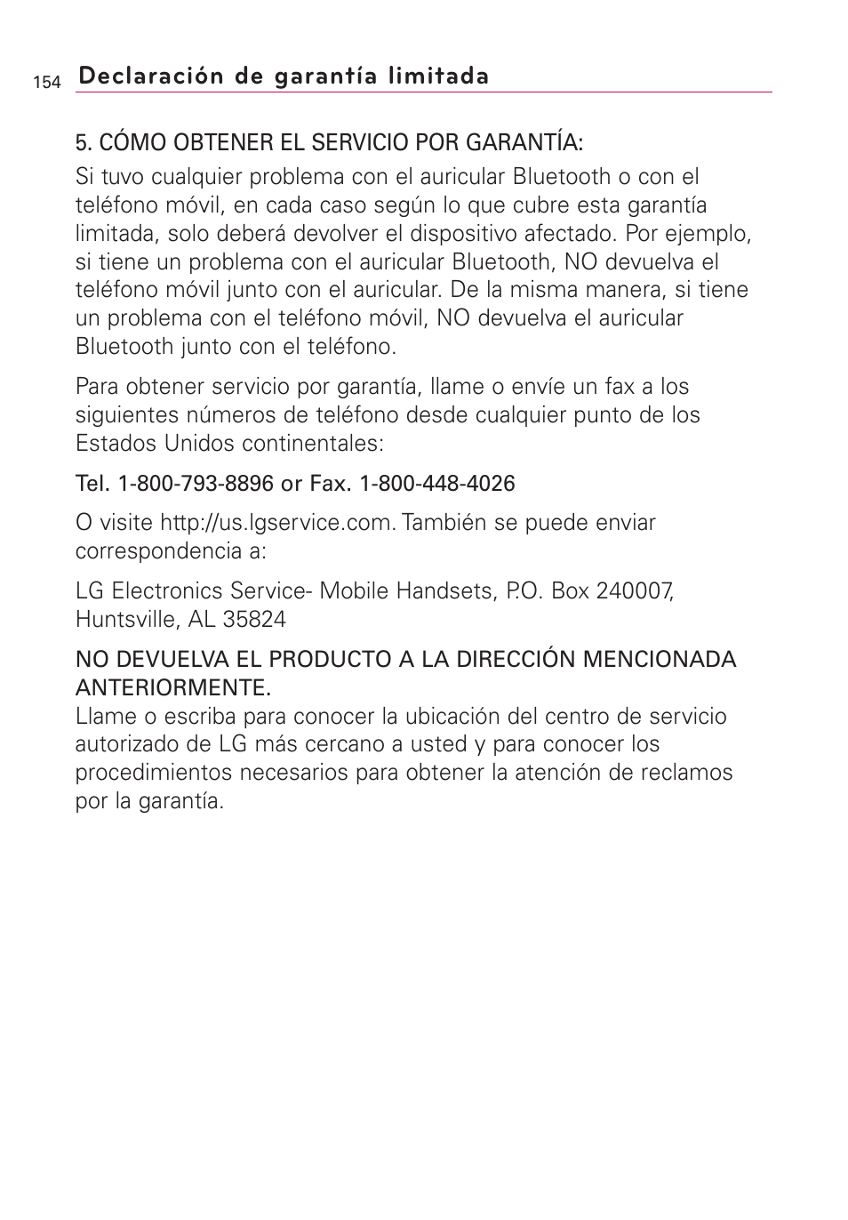 Declaración de garantía limitada | LG Optimus MS690 User Manual | Page 306 / 314