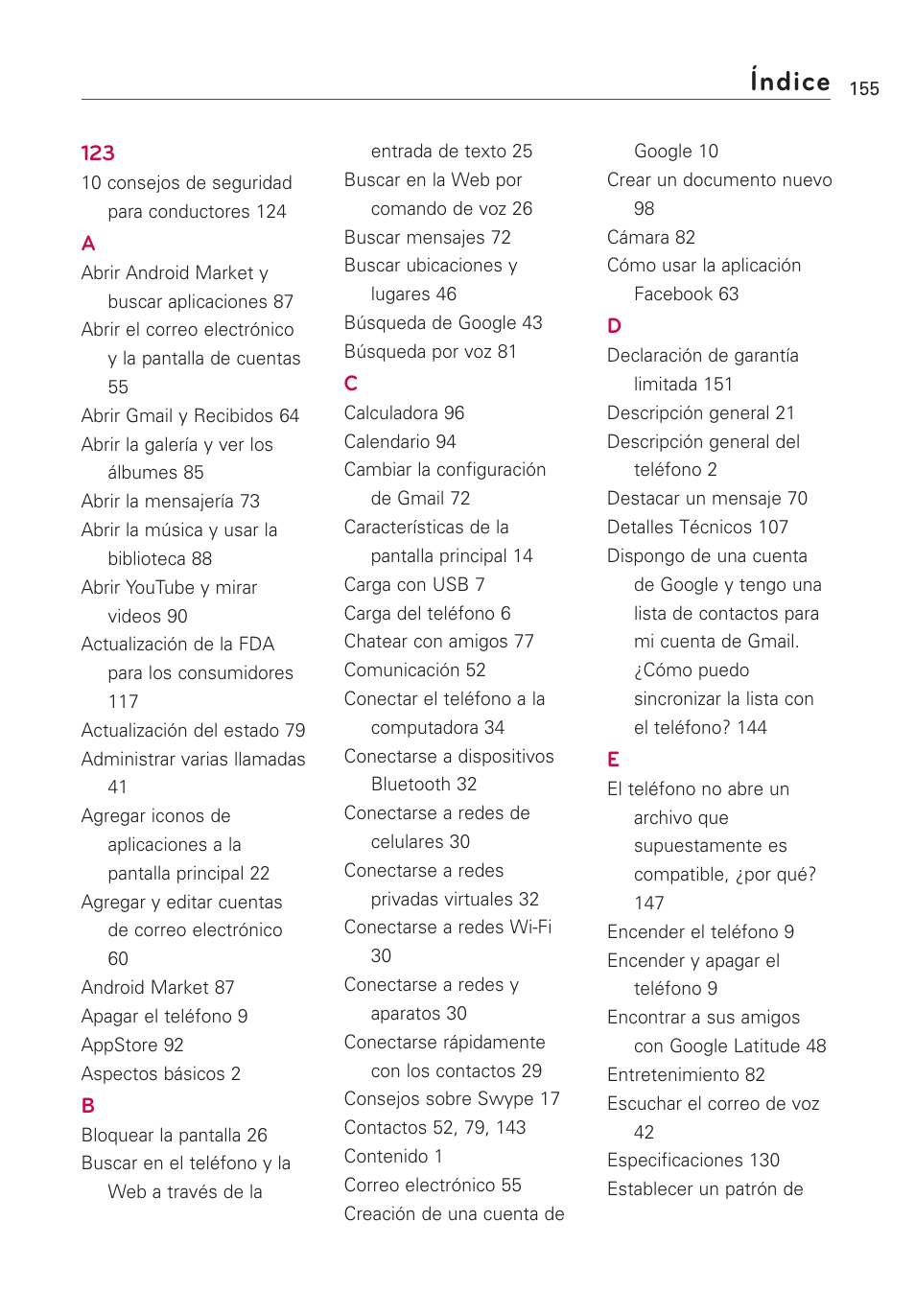 Índice | LG Optimus MS690 User Manual | Page 307 / 314