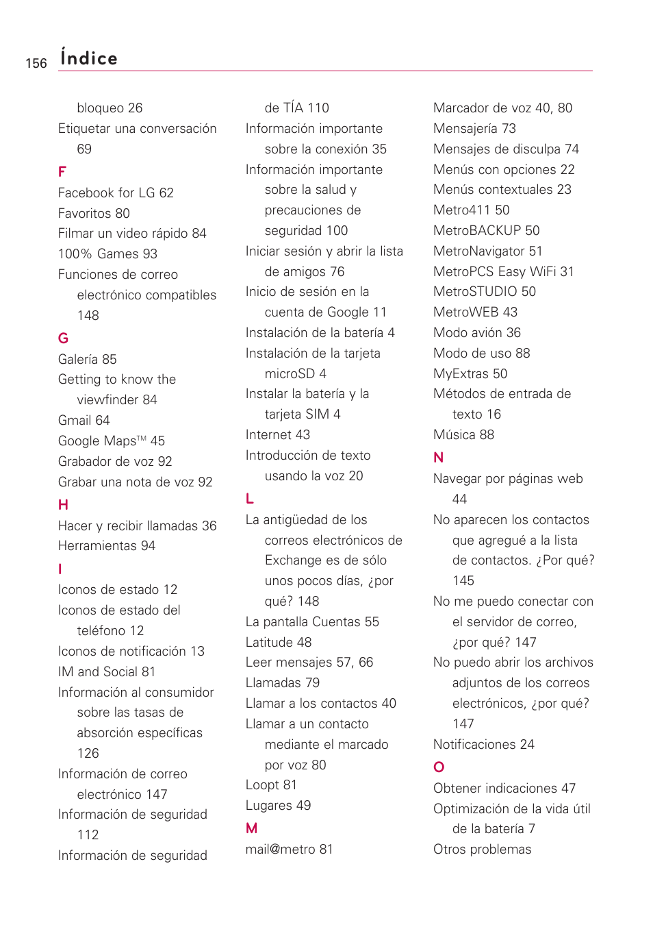 Índice | LG Optimus MS690 User Manual | Page 308 / 314