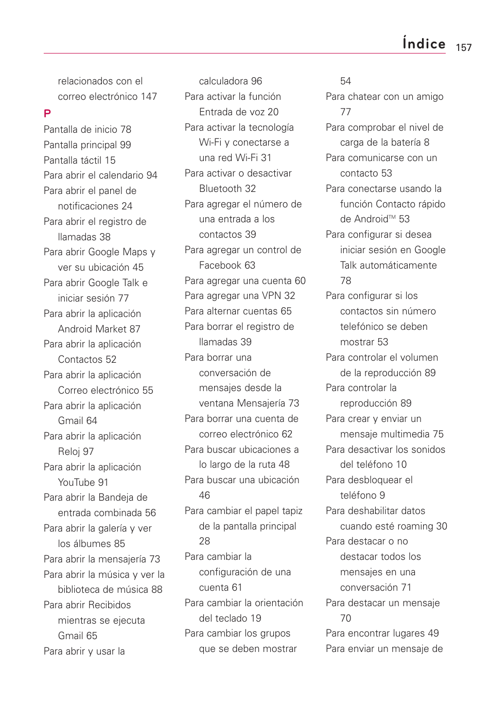 Índice | LG Optimus MS690 User Manual | Page 309 / 314