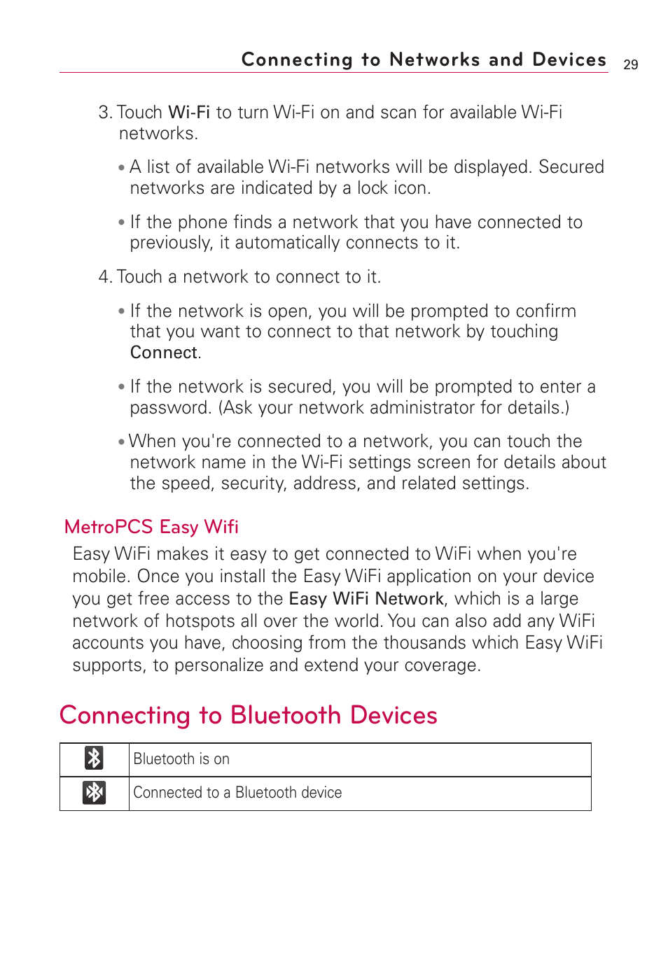 Connecting to bluetooth devices, Connecting to networks and devices, Metropcs easy wifi | LG Optimus MS690 User Manual | Page 31 / 314