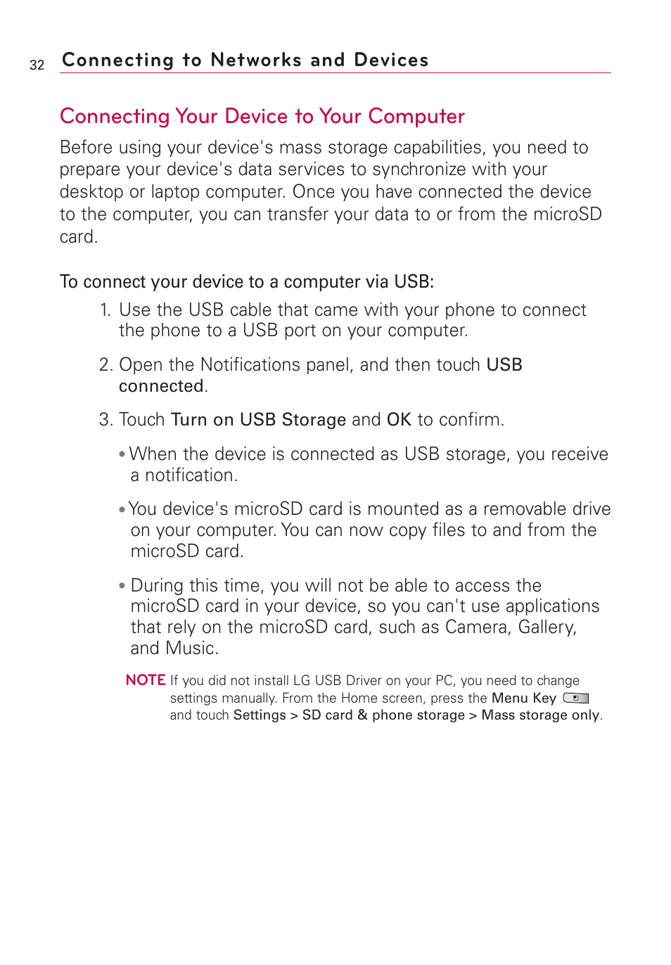 Connecting your device to your computer, Connecting to networks and devices | LG Optimus MS690 User Manual | Page 34 / 314