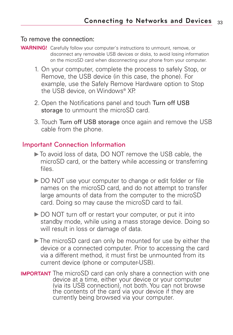 Connecting to networks and devices, Important connection information | LG Optimus MS690 User Manual | Page 35 / 314