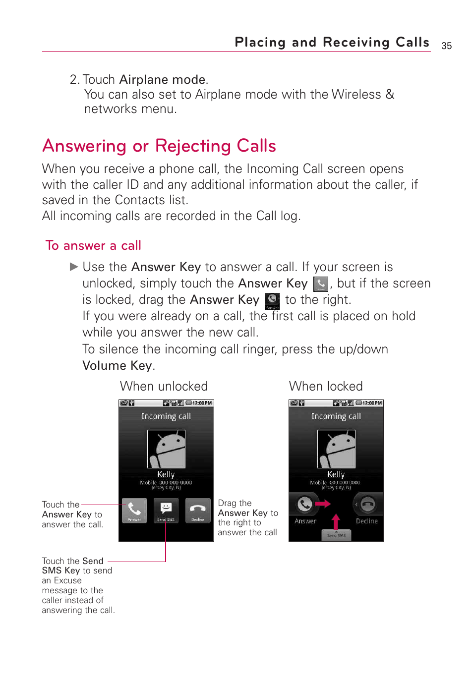 Answering or rejecting calls, Placing and receiving calls | LG Optimus MS690 User Manual | Page 37 / 314