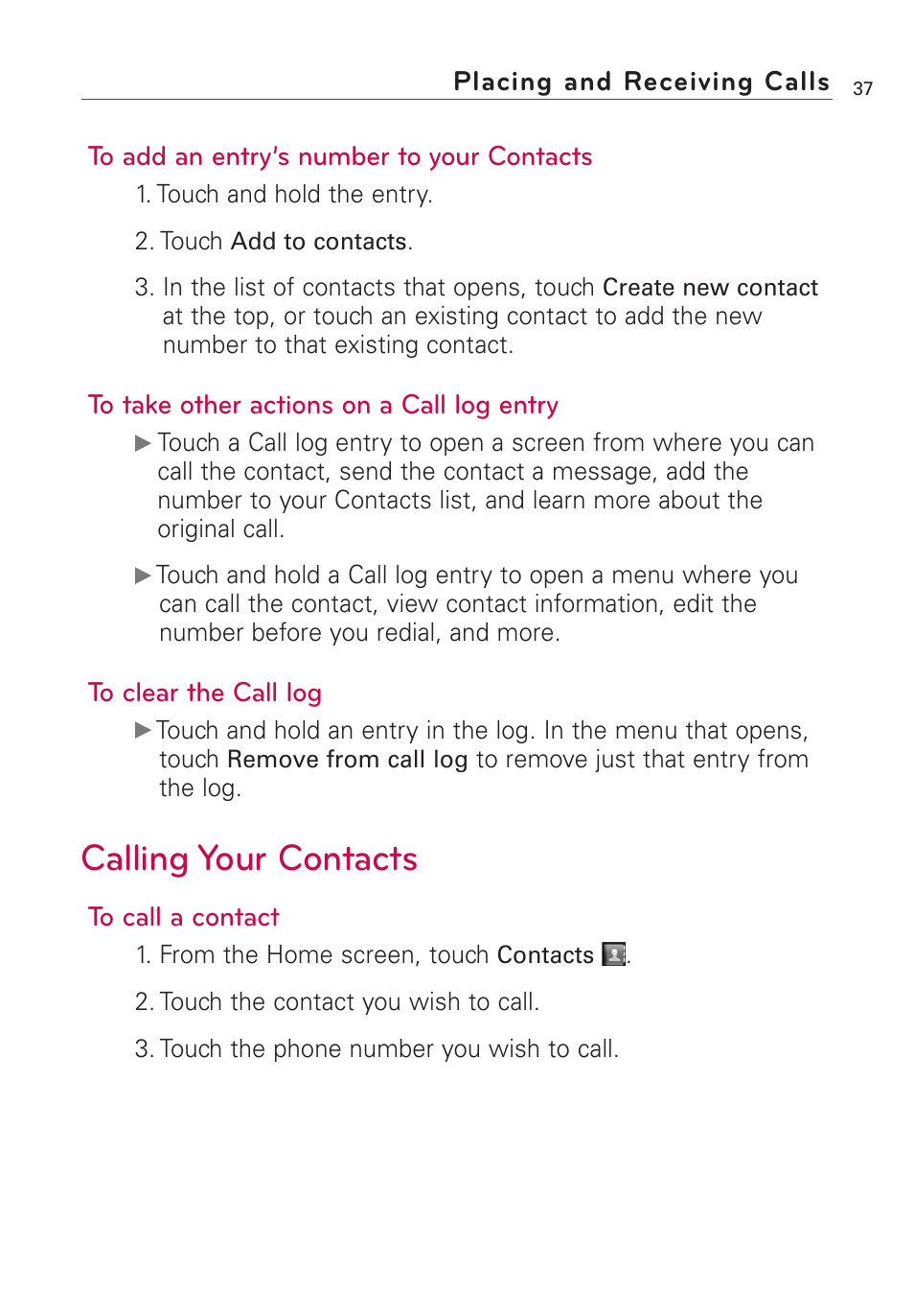 Calling your contacts | LG Optimus MS690 User Manual | Page 39 / 314