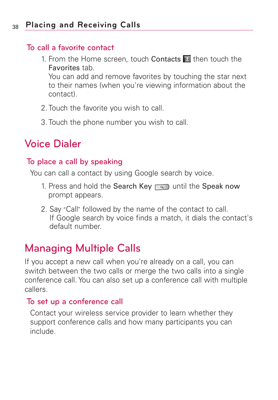 Voice dialer, Managing multiple calls | LG Optimus MS690 User Manual | Page 40 / 314