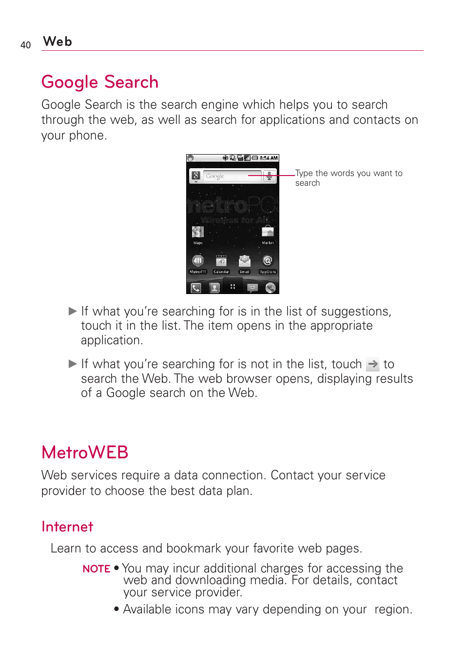 Google search, Metroweb, Internet | LG Optimus MS690 User Manual | Page 42 / 314