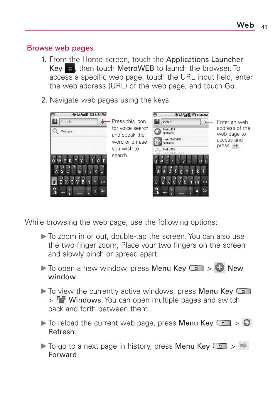 Web browse web pages | LG Optimus MS690 User Manual | Page 43 / 314