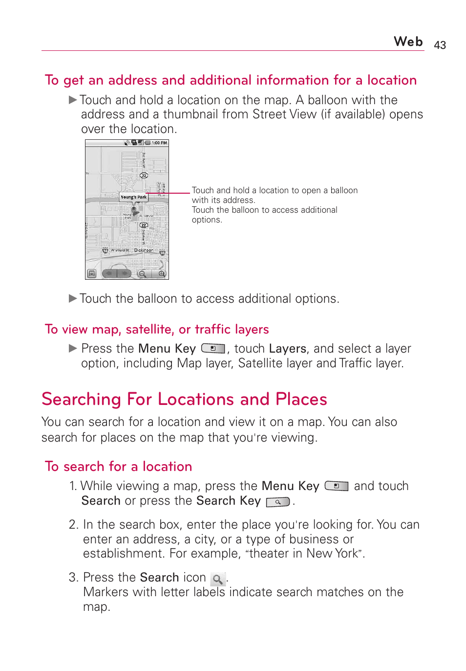 Searching for locations and places | LG Optimus MS690 User Manual | Page 45 / 314