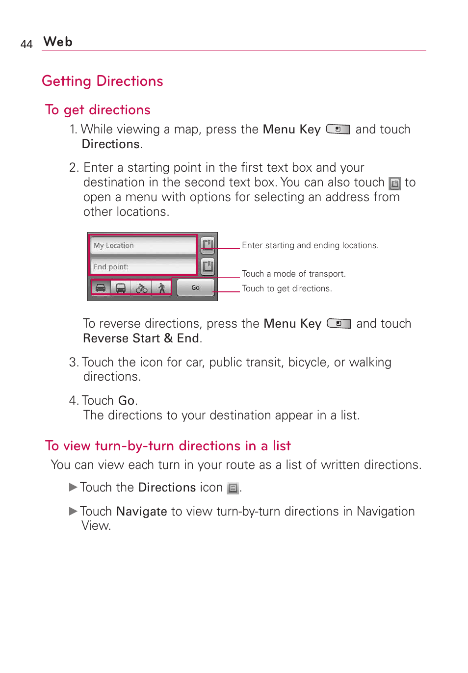 Getting directions | LG Optimus MS690 User Manual | Page 46 / 314