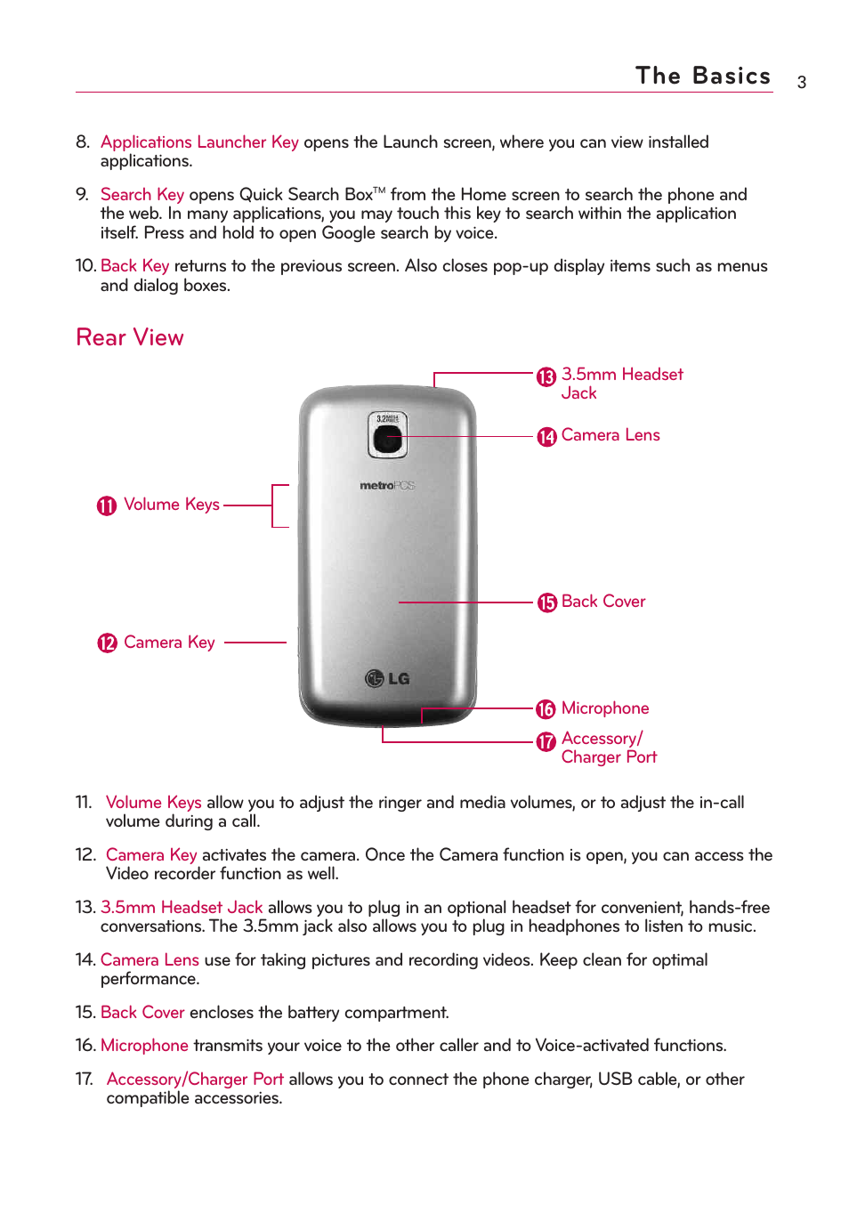 The basics, Rear view | LG Optimus MS690 User Manual | Page 5 / 314