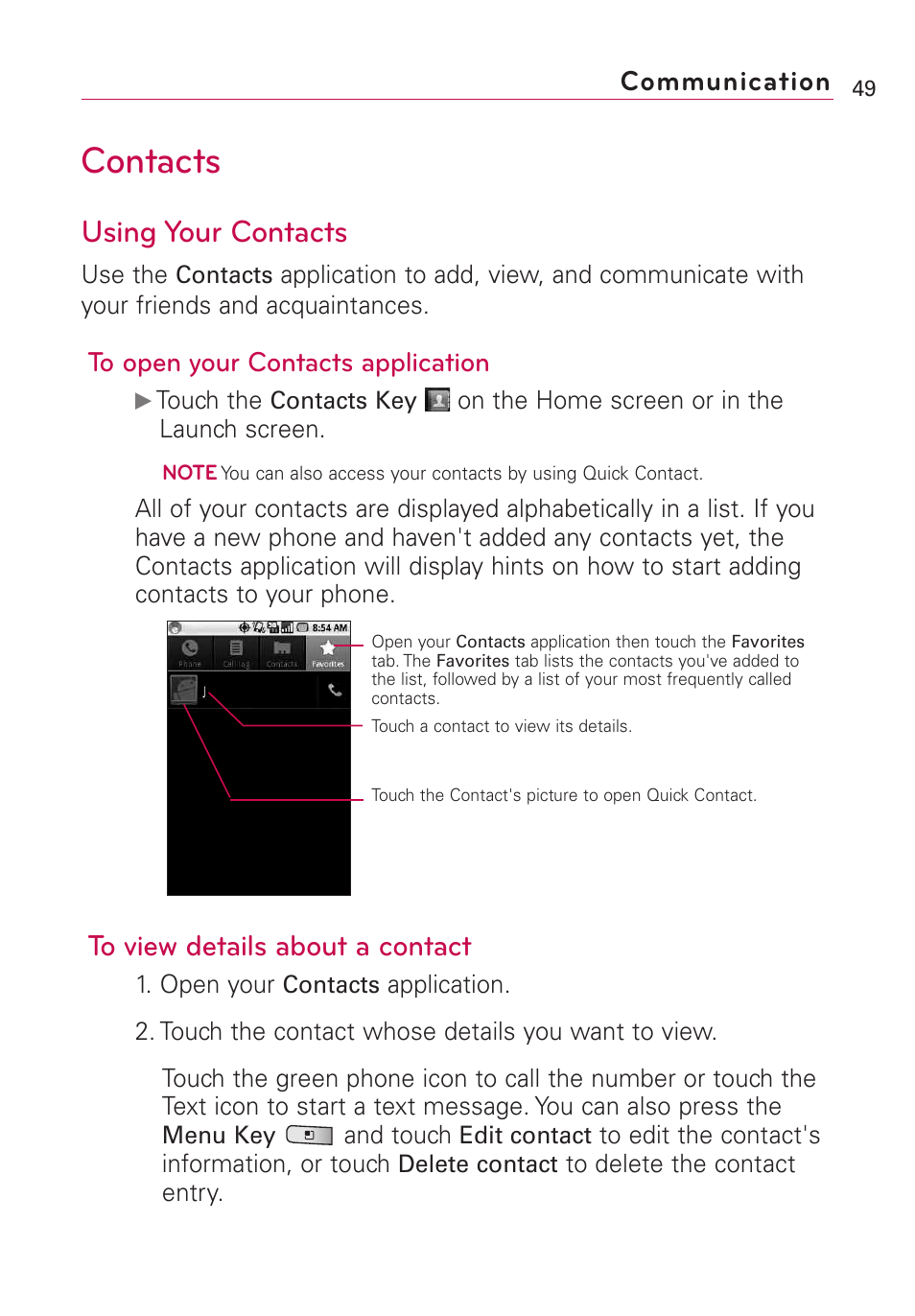 Communication, Contacts, Using your contacts | LG Optimus MS690 User Manual | Page 51 / 314