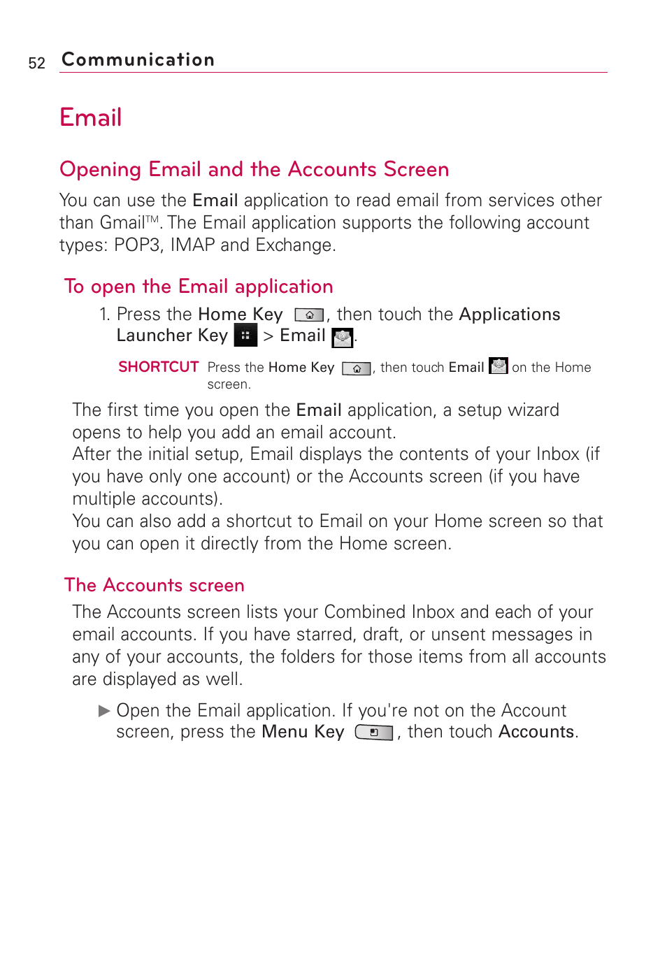 Email, Opening email and the accounts screen, Communication | The accounts screen | LG Optimus MS690 User Manual | Page 54 / 314