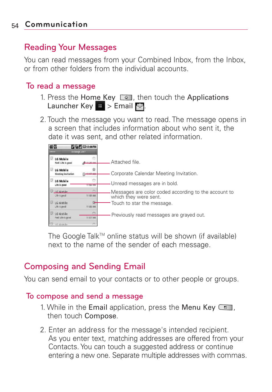 Reading your messages, Composing and sending email, Communication | LG Optimus MS690 User Manual | Page 56 / 314