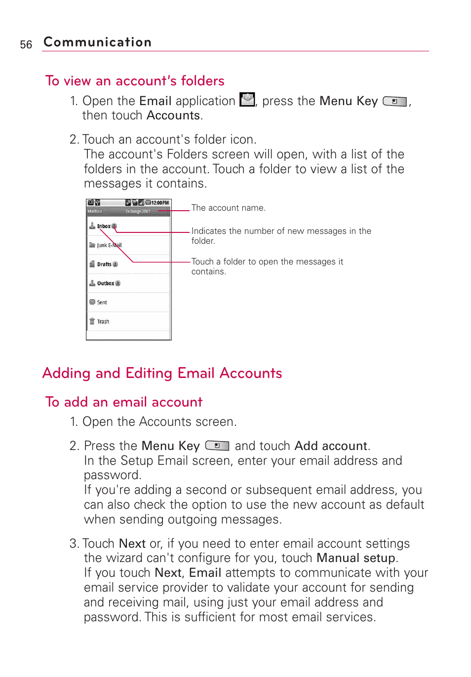 Adding and editing email accounts, Communication | LG Optimus MS690 User Manual | Page 58 / 314