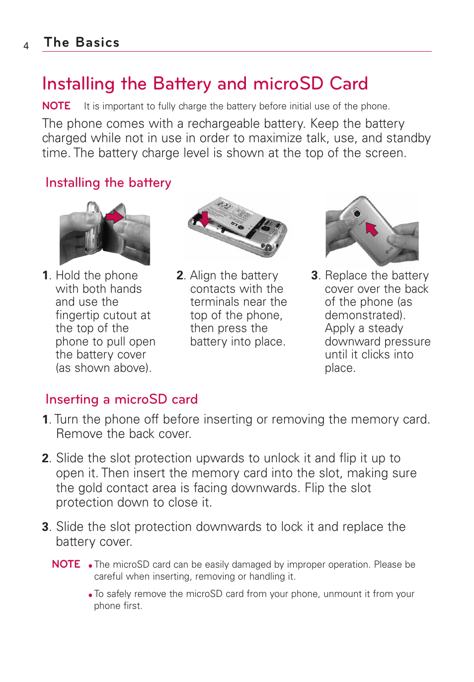 Installing the battery and microsd card, Installing the battery inserting a microsd card, The basics | LG Optimus MS690 User Manual | Page 6 / 314