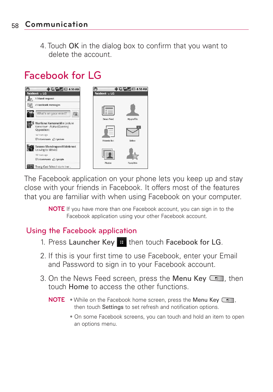 Facebook for lg, Using the facebook application, Communication | LG Optimus MS690 User Manual | Page 60 / 314