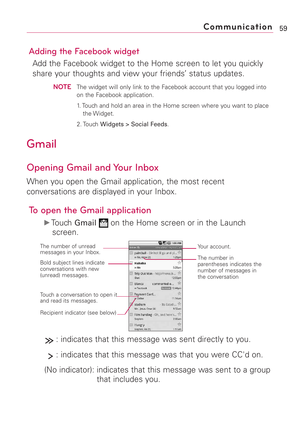 Gmail, Opening gmail and your inbox, Communication adding the facebook widget | LG Optimus MS690 User Manual | Page 61 / 314