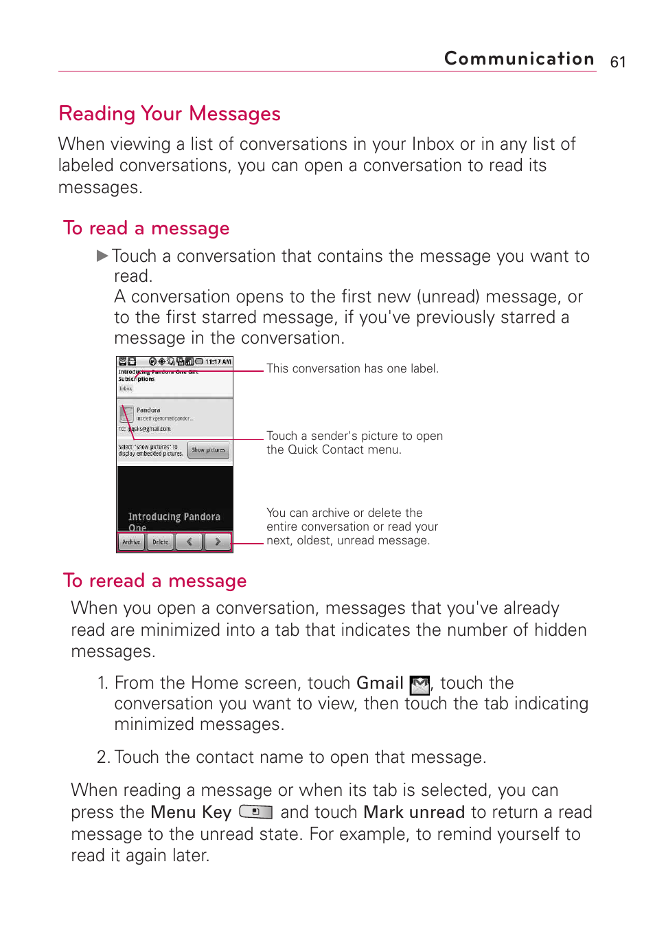 Reading your messages, Communication | LG Optimus MS690 User Manual | Page 63 / 314