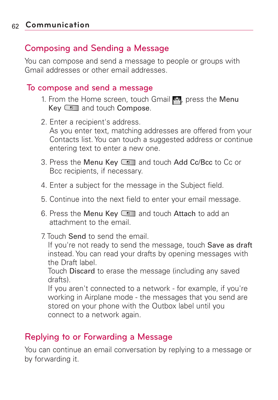 Composing and sending a message, Replying to or forwarding a message | LG Optimus MS690 User Manual | Page 64 / 314