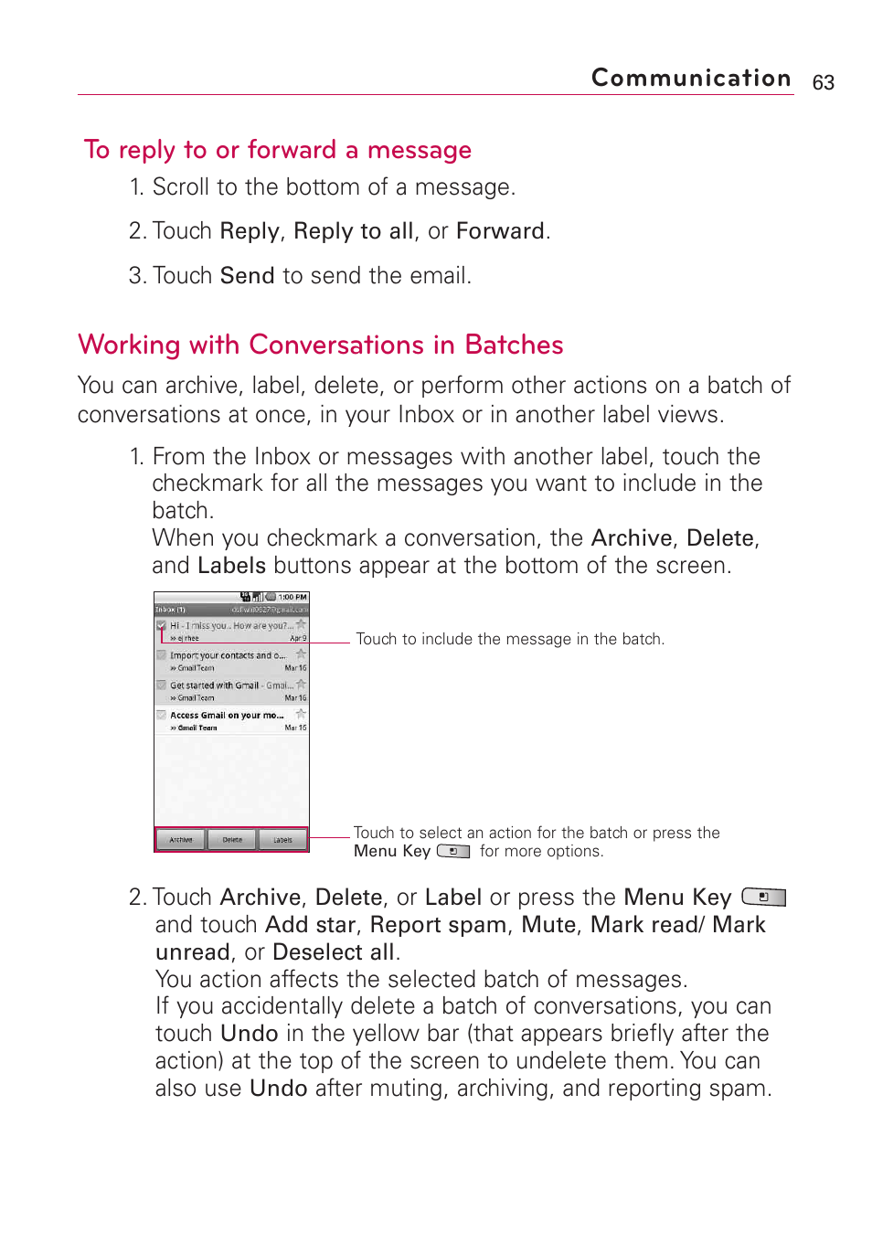 Working with conversations in batches, Communication | LG Optimus MS690 User Manual | Page 65 / 314