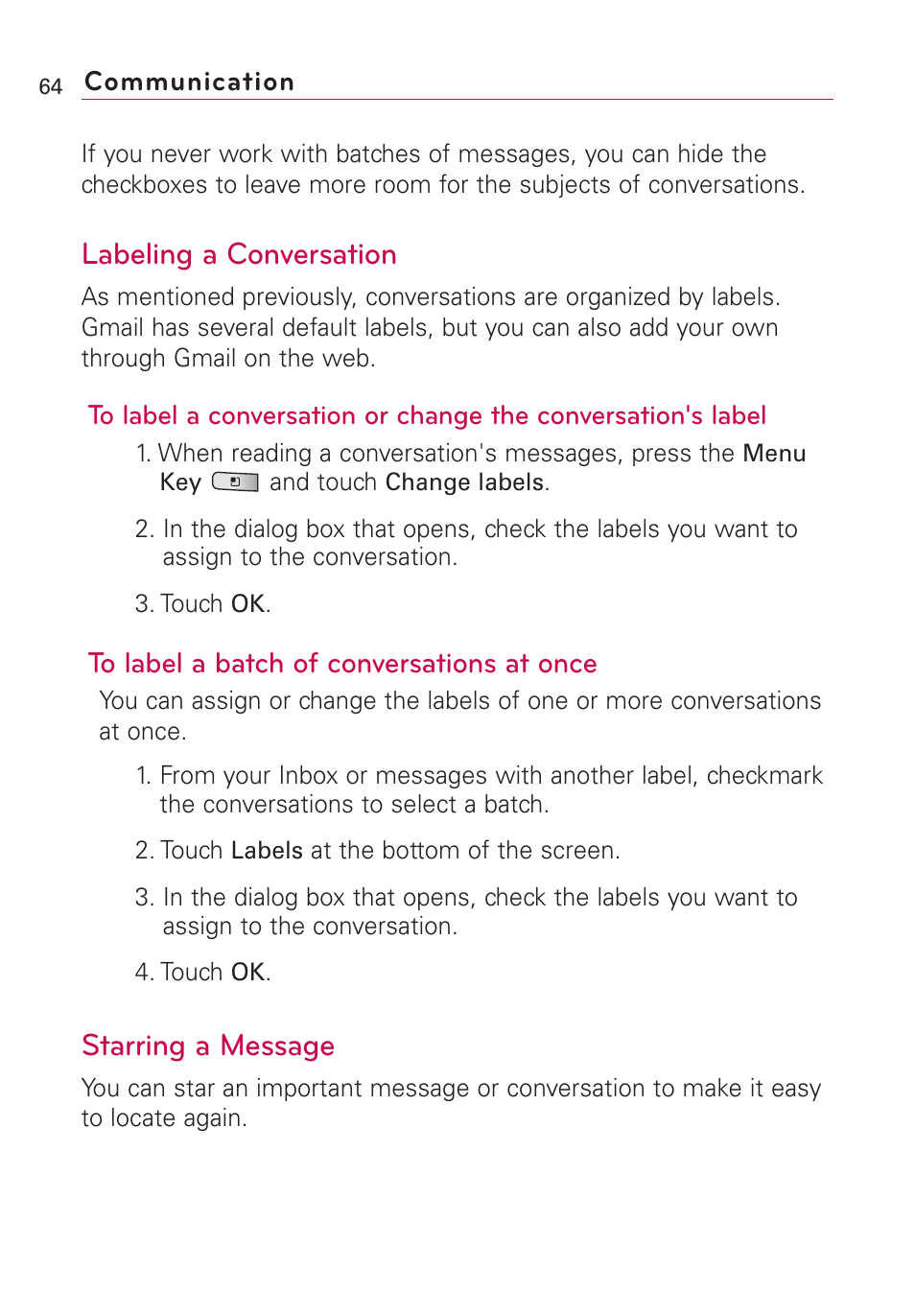 Labeling a conversation, Starring a message | LG Optimus MS690 User Manual | Page 66 / 314