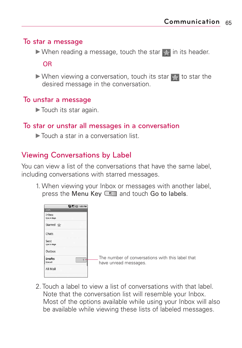 Viewing conversations by label, Communication | LG Optimus MS690 User Manual | Page 67 / 314