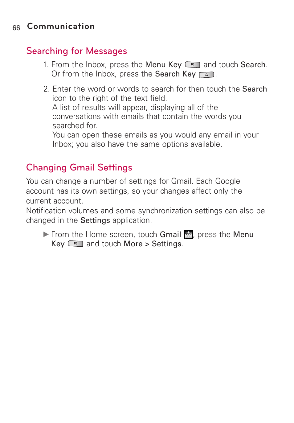 Searching for messages, Changing gmail settings | LG Optimus MS690 User Manual | Page 68 / 314