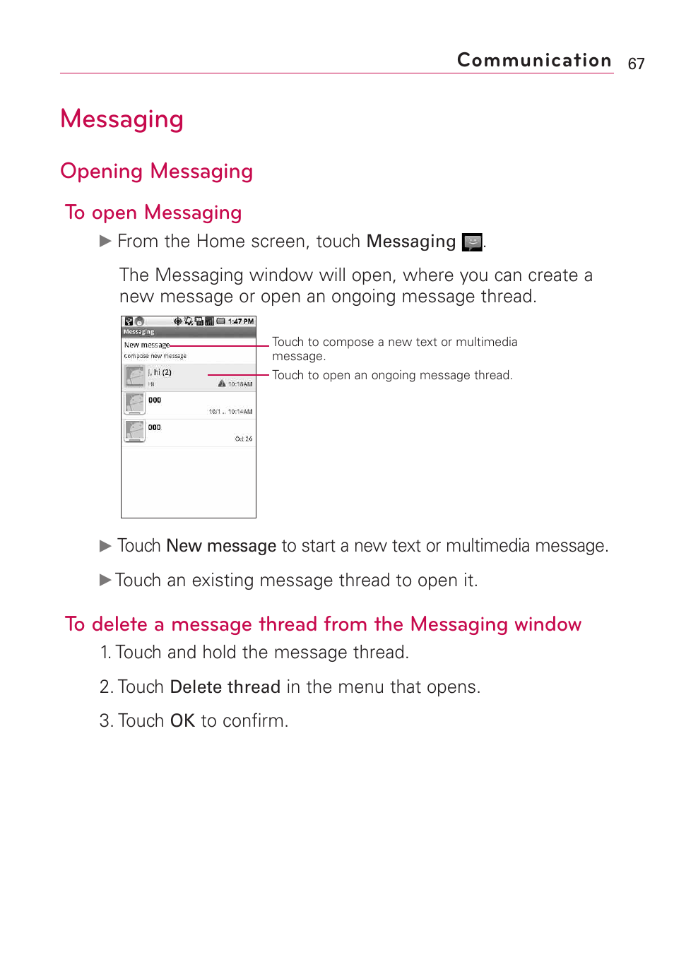 Messaging, Opening messaging, Communication | LG Optimus MS690 User Manual | Page 69 / 314