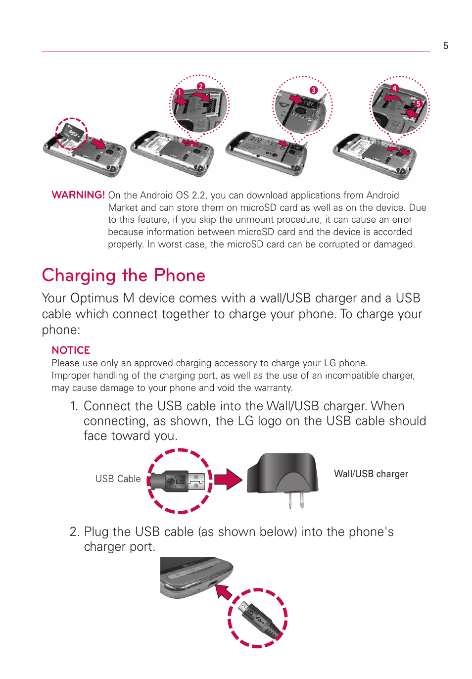 Charging the phone | LG Optimus MS690 User Manual | Page 7 / 314