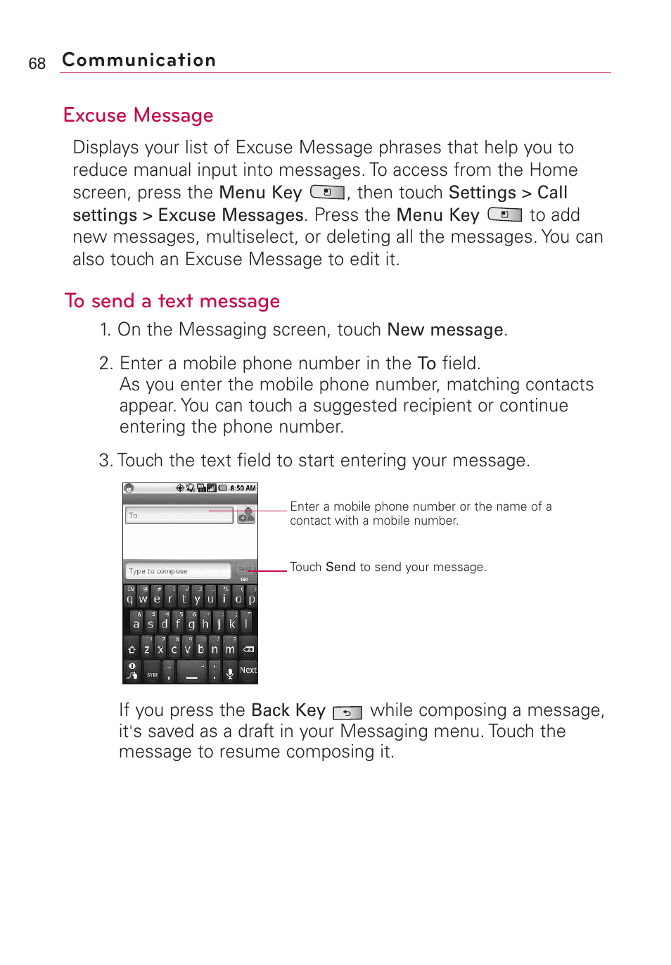 Excuse message, Communication | LG Optimus MS690 User Manual | Page 70 / 314