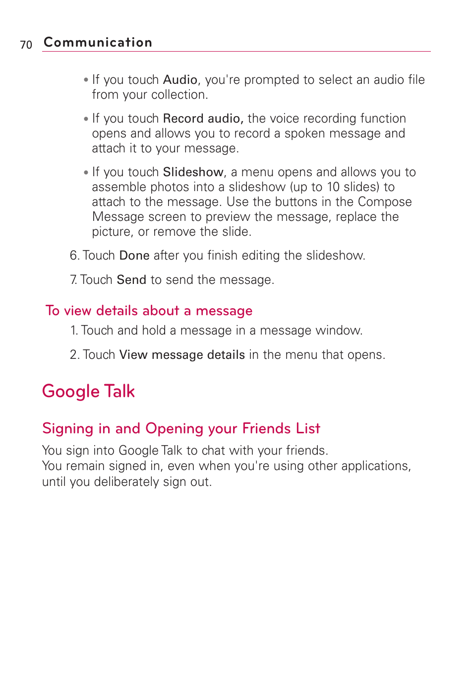 Google talk, Signing in and opening your friends list | LG Optimus MS690 User Manual | Page 72 / 314