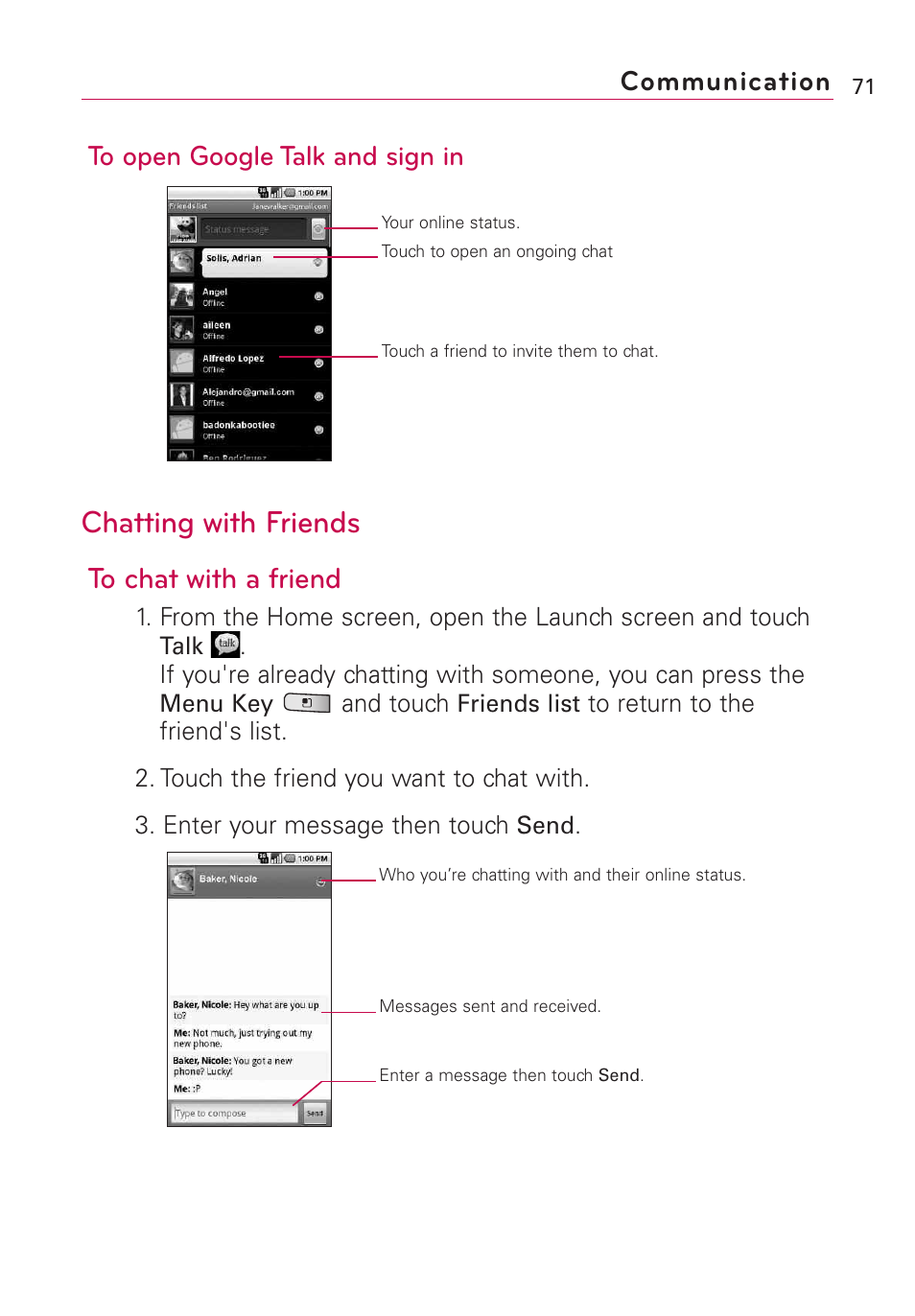 Chatting with friends, Communication to open google talk and sign in | LG Optimus MS690 User Manual | Page 73 / 314