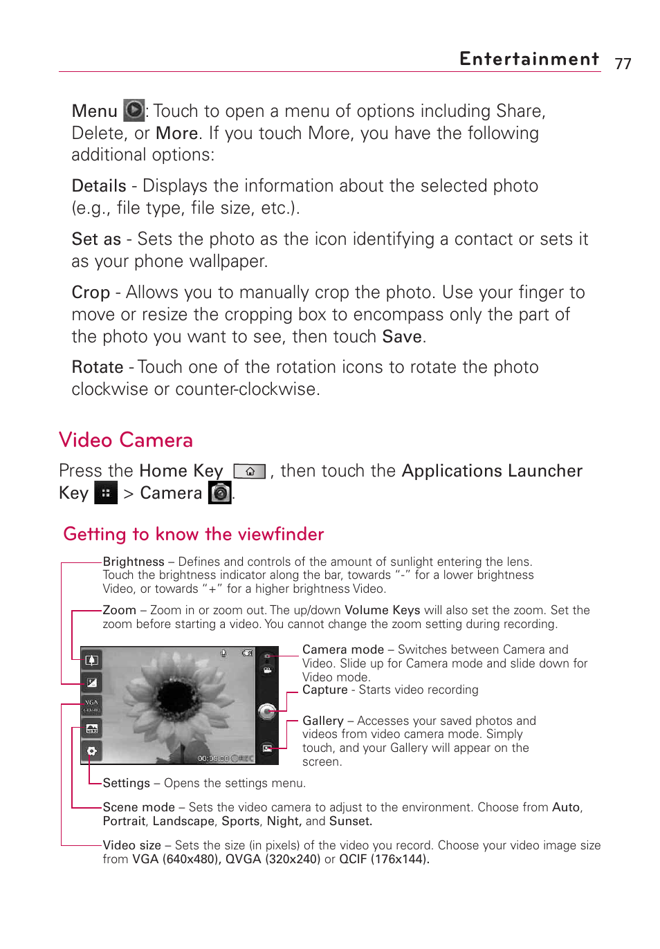 Video camera, Entertainment, Getting to know the viewfinder | LG Optimus MS690 User Manual | Page 79 / 314