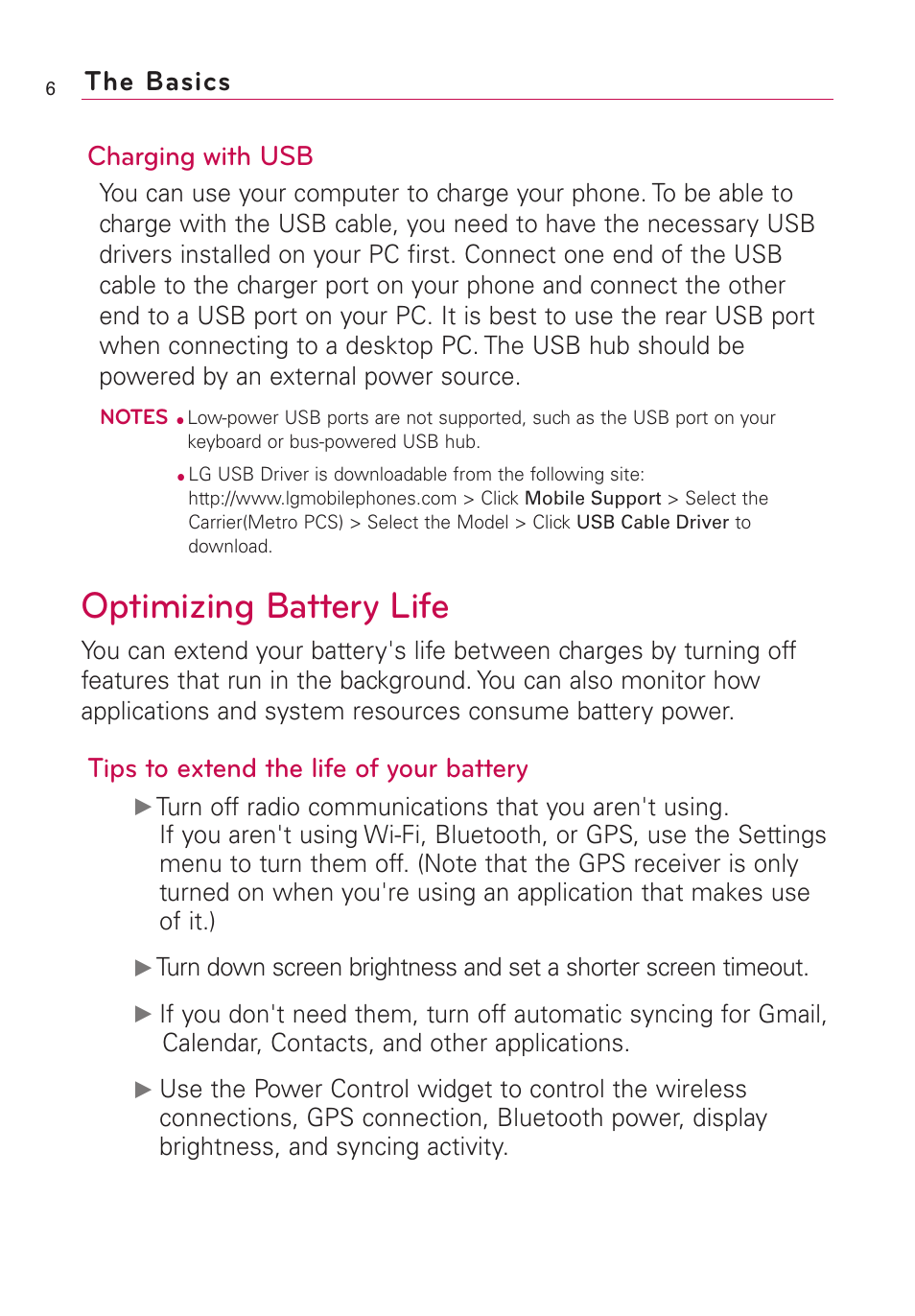 Optimizing battery life, Charging with usb, Tips to extend the life of your battery | The basics | LG Optimus MS690 User Manual | Page 8 / 314