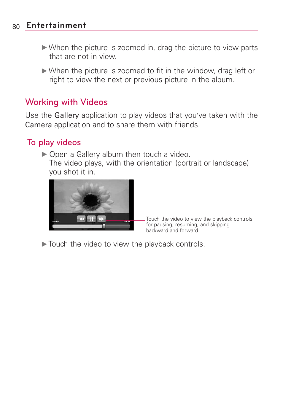 Working with videos, Entertainment | LG Optimus MS690 User Manual | Page 82 / 314