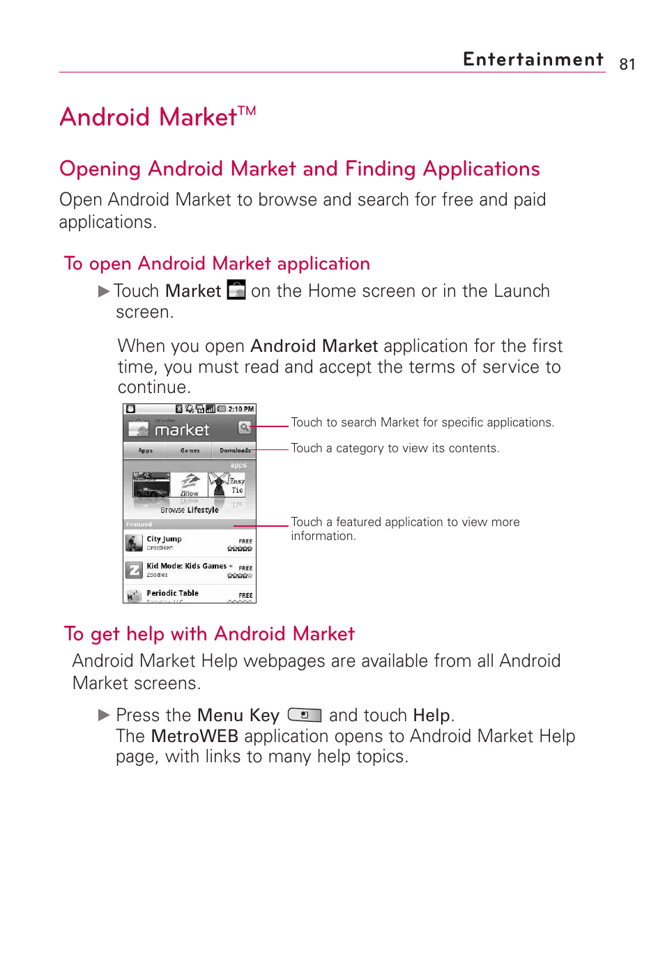 Android market, Opening android market and finding applications, Entertainment | LG Optimus MS690 User Manual | Page 83 / 314